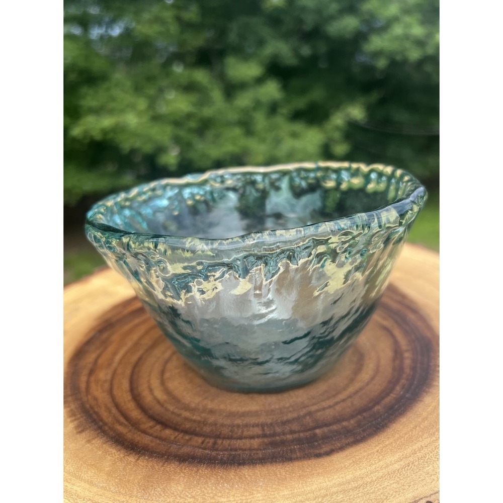 Hand Blown Recycled Glass Bowl Aqua Blue Green Bubble Artisan 6" Handmade - Picture 2 of 14